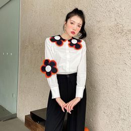 Women's Blouses Autumn 2023 Contrast Color Flower Blouse Women Top Irregular Collar Long Sleeve Cute White Shirt Camisas De Mujer