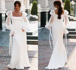 Elegant Satin Mermaid Wedding Dress Long Puff Sleeve Sexy Beach Square Collar Bridal Gowns Custom Made Summer Robe De Mariee 2023