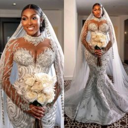 2023 Luxury Mermaid Wedding Dresses Bridal Gown Long Sleeves Ceystals Beaded High Neck Ruffles Sweep Train Satin Custom Made Country Plus Size vestido de novia