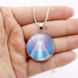 Pendant Necklaces Women Girl Virgin Mary Round Glass Cabochon Time Gem Religion Long Chain Necklace Party Lucky Jewellery