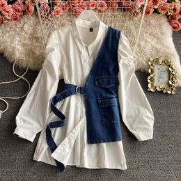 Women's Blouses 2023 Spring Shirt Female Korean Long-Sleeve Design Sense Niche Mid-Length Puff Sleeve Tops Denim Two-Piece Women Trend H1490