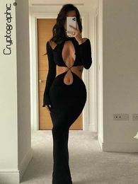 Party Dresses Cryptographic Elegant Long Sleeve Black Jersey Cutout Maxi Dress for Women Club Party Sexy Long Dresses Fashion Outfits Clothes L230313