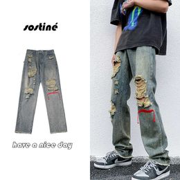 Men's Jeans Red Line Embroidery Hip Hop Denim Pants Men 2022 New High Street Vintage Ripped Hole Jean Pants Male Loose Straight Jeans Z0301