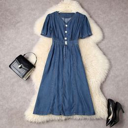 Summer Short Sleeve V Neck Mid-Calf Dress Blue Solid Colour Denim Panelled Buttons Elegant Split Casual Dresses 22Q157014