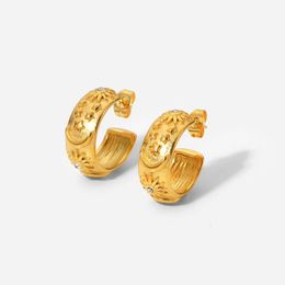 Hoop Earrings & Huggie Fashion 18K Gold Plated Stainless Steel Jewellery Embossed Moon Sun Cubic Zirconia Wide C- Shaped For Women