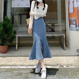 Skirts BIYABY Korean Style Bodycon Fishtail Skirts for Women Fashion Denim Split Long Skirt High Waisted Ruffles Midi Skirts 230313