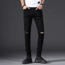 Men's Jeans Skinny Jeans Men Male Black Knee Ripped Hole Little Feet Pants Elasticity Slimming Hip Hop Denim Trousers 230313