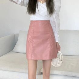 Skirts y2k Women's skirt Kawaii harajuku mini skirt korean fashion Skrit PU faux leather pink yellow black green blue zipper clothes 230313