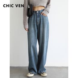 Womens Jeans CHIC VEN Denim Pants Blue Wide Leg Cotton High Waist Casual Loose Trousers Office Ladies Woman Spring Autumn 230313