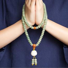 Strand Beaded Strands Natural Weathered Bodhi Root Beads Bracelets White Jade Buddhist Healing Prayer Mala Necklace With Lotus AccessoriesBe