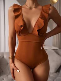 Women's Swimwear Sexy Solid Swimsuit 2023 Women Push Up Lace Bandage Bodysuit Brazilian Deep V Neck Backless Bathing Suit 230313