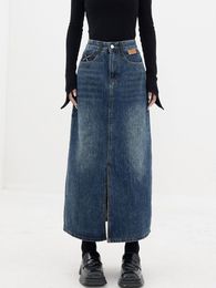 Skirts Circyy Denim Women Blue High Waist A Line Vintage Long Spring Fashion Slit Cut Clothes Patchwork Pocket 230313