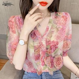 Women's Blouses 2023 Summer Casual Chiffon Floral Print Elegant V-Neck Tops Fashion Folds Short Sleeve Button Pullovers Shirt 22362