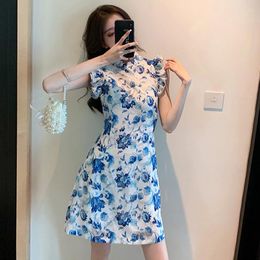 Casual Dresses Fashion Summer Korean Stand Neck Ruffle Mini Party Dress Ladies Elegant Vintage Sleeveless Floral Print Beach Short