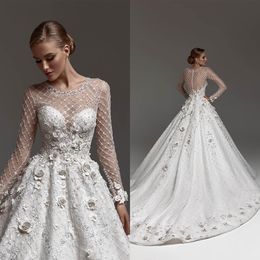 Luxury Ball Gown Wedding Dresses Jewel Cell Lace Long Sleeves 3D Flower Applicants Zipper Chapel Gown Sequins Custom Made Bridal Gown Vestidos De Novia