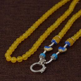 Chains FNJ 6mm Yellow Chalcedony Bead Necklace For Jewellery Making Vintage 65cm Pure Sterling Silver Sweater Women