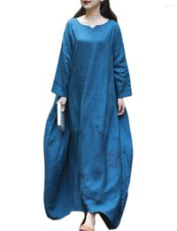 Casual Dresses LZJN 2023 Autumn Winter Loose Maxi Long Dress Linen Hand Embroidered Sleeve Plus Size