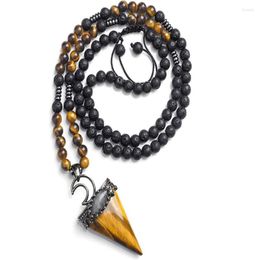 Pendant Necklaces FYJS Unique Silver Plated Geometric Tiger Eye Stone Long Beads Chain Necklace Rock Crystal Jewellery