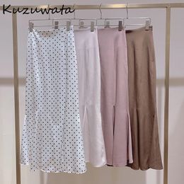 Skirts Kuzuwata Elegant High Waist Ladies Skirt Solid Color Polka Dot Satin Long Skirts for Women Spring Faldas Largas Mujer 230313