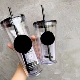 Transparent double cup Tumblers cooling lovely straw color changing plastic cup thermal insulation cold water cup gift cup Tumbler Traveler With Straw Logo LT288