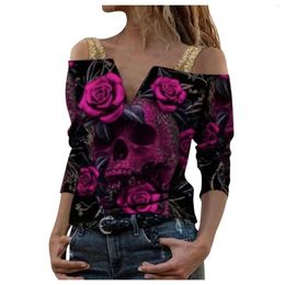 Women's Blouses 2023 Vintage Print Long Sleeve Shirts Women Blouse Sexy Sling V-Neck Off Shoulder Tops Elegant Rose Pattern Shirt Streetwear