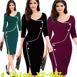 Casual Dresses Womens Dresses Large Size Vintage Brief Split Bottom Elegant Casual 3/4 Sleeve Deep O-Neck Bodycon Knee Length Office Dress 230313