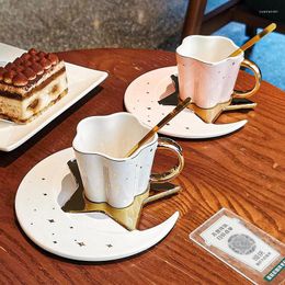Cups Saucers Creative Ceramic Star Moon Coffee Cup Mug Set With Saucer Spoon Golden Handle Afternoon Tea Drinks Porcelain