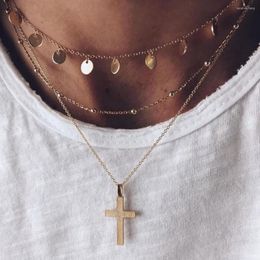 Pendant Necklaces Boho Vintage For Women Gold Color Round Sequin Cross Necklace Multilayer Female Jewelry Valentine Gift