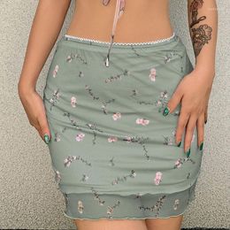 Skirts Xpqbb Green Floral Print Mesh Mini Skirt Women 2023 Summer Slim Fit Thin Beach Woman Sexy Club Bodycon Short Femme