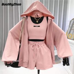 Women's Two Piece Pants Casual Shorts Three 3 Piece Sets Women Vest Drawstring Shorts Hooded Zipper Jacket Sportswear Suits Female Solid Sports Hoodie 230313