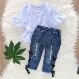 Kids Girls Clothes Sets Striped top ripped and ripped specialty jeans 2pcs Set