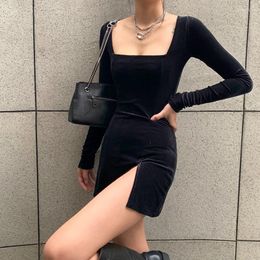 Casual Dresses 2023 Spring Summer Velvet Vintage Split For Women Bodycon Elegant Long Sleeve Gothic Party Solid Colour Femme Dress