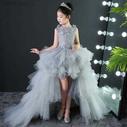Girl's Dresses Kids Dresses Girl Long Trailing Prom Gray Tulle Gowns Appliques Lace New Children Graduation Dress Teen Wedding Bridesmaid Robe W0314