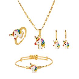 Wedding Jewellery Sets Selead Design Cute Unicorn Ring Necklace Bracelet Earring 4pcs Set Women Making Jewellery Crafts Cartoon Rainbow Horse 230313