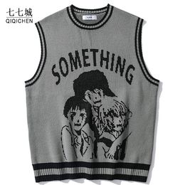 Men s Vests College Knitted Vest Sweaters Men Women Street Hip Hop Casual Band Cartoons Anime Pattern O neck Sleeveless Tops 230313