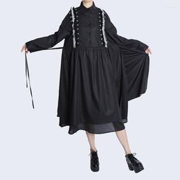 Casual Dresses Streetwear Club Punk Style Loose Autumn Winter Women Chiffon Midi Skirt Drawstring Waist Circle Pleated Ruffle Dress