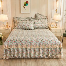 Bed Skirt 100% Cotton Lace Thickened Bed Skirt Princess Style Flowers Print Bedspread Bed Cover Non-Slip Sheets For Girl Bed Cover 230314