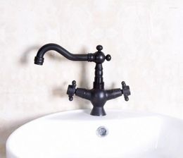 Kitchen Faucets Oil Rubbed Bronze Black Colour Single Hole Swivel Spout Sink Bathroom Basin Faucet & Cold Cross Handles Tap Anf141