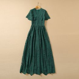 Summer Short Sleeve Long Dress Round Neck Green Floral Lace Embroidery Panelled Elegant Casual Floor Length Dresses 22Q151638