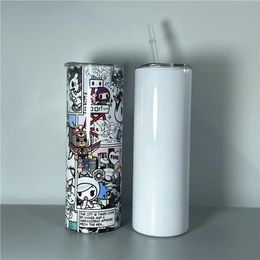 20oz Sublimation white Straight Skinny Tumbler Stainless steel cup with lid Plastic straw double walled insulated vacuum water