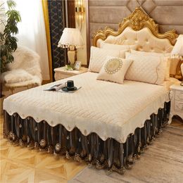 Bed Skirt Luxury Velvet Quilted Bedspread Flannel Gold Flower Lace Embroidery Ruffle Bed Skirt Mattress Cover Bedspread Pillowcases 1/3Pcs 230314