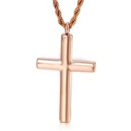 Classic Cross Necklace Pendant Stainless Steel Smooth Polished Crucifixion Jewelry For Women Mens Rope Chain 3mm 24'' Rose Gold