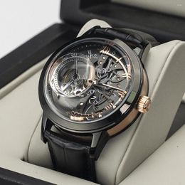 Wristwatches OBLVLO Designer Fashion Men Mechanical Watches Genuine Leather Strap Black Steel Skeleton Dial Automatic Self-Wind