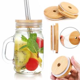 70mm 88mm Bamboo Cup Lids Reusable Wooden Mason Jar Lid with Straw Hole and Silicone Seal Bowl Cover dh3596