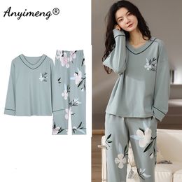 Women's Sleepwear 5XL Pajamas for Women Autumn Winter Pyjama Set Floral Printing Elegant Sleepwear Cotton Womens Pijama Set Lady Loungewear 230314