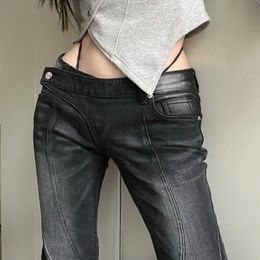 Womens Jeans Vintage Distressed Low Waist Sexy Slim Casual Women Spring Korean Street Style Pleated Allmatch Wide Leg Pants 230313