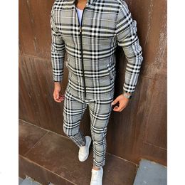 Men's Tracksuits Jacket Suit Men Two Piece Outfits Stripe Outerwear Plaid Set Zipper Casual Set Autumn Fashion Male Gentlemen Clothing Sportswear 230313