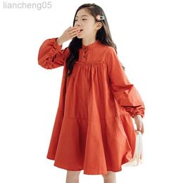 Girl's Dresses Long Sleeve Kids Dresses For Teenage Girls Autumn Cotton Princess Casual Loose Midi Dress Young Children Clothes 12 13 14 15 16Y W0314