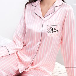 Women's Sleepwear 2 Piece Personalized Name Women Sleepwear Faux Silk Satin Pajamas Set Long Sleeve Sleepwear Pajamas Suit Female Homewear 230314