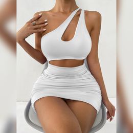 Casual Dresses Summer One Shoulder Hollow High Waist Bodycon Dress for Women Party Sexy Night Club Sheath Solid Pleated Mini Clubwear 230313